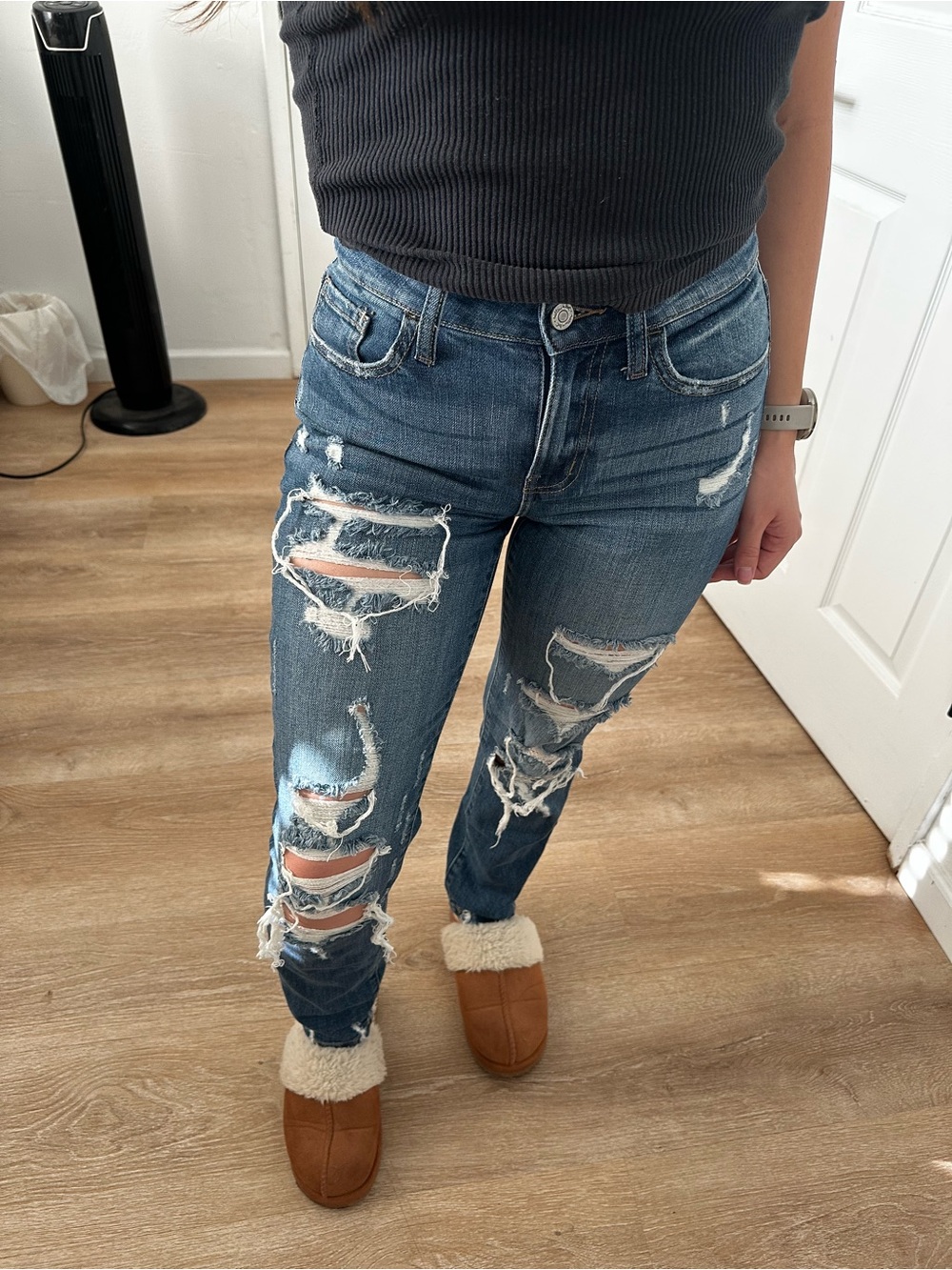 Ripped Boyfriend Jeans for Women - Dark Blue Distressed